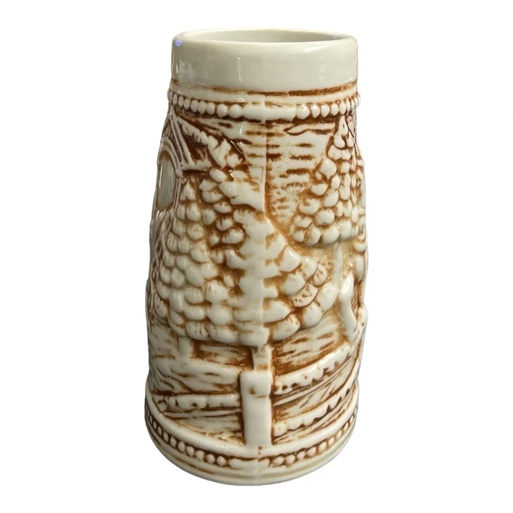 CERAMIC BROWN AND WHITE STEIN #1315 EMBOSSED WINTER SCENE WITH CLYDESDALE HORSES